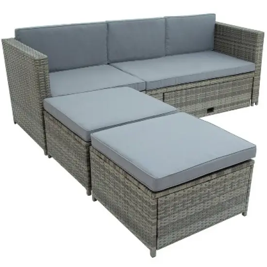 4pc Outdoor Wicker Conversation Sectional Set with Cushions - Gray - GODEER image {7}