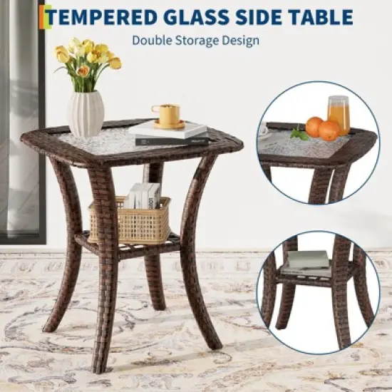 2-Piece Patio Swivel Rocker Set w/ Rattan Table & Cushions - Outdoor Wicker Chairs for Deck, Porch image {5}