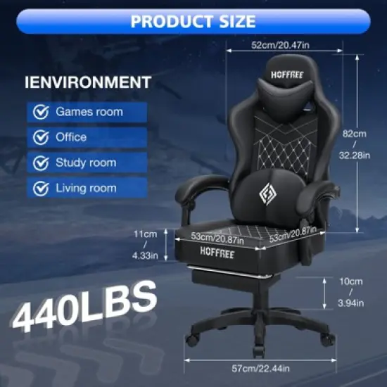 Hoffree Leather Massage Gaming Chair Ergonomic Office PC Chair with Bluetooth Speaker & Footrest image {1}