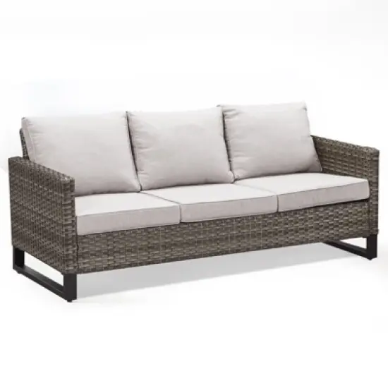 POCASSY 74.4" Outdoor Wicker Couch with Metal Armrest, 3-Seater Couch with Square Armrest Patio Furniture Sofa for Porch Balcony, Gray image {1}