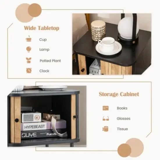 Costway Sliding Door Nightstand Mid-century Modern Storage End Table with Cabinet Black/Distressed White image {6}