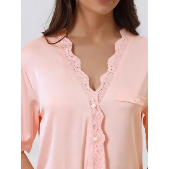 cheibear Womens Satin Pajama Dress Button Down Silky Short Sleeves Nightgowns image {3}