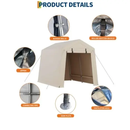 7x10 FT Outdoor Storage Shed, Motorcycle Shed with 2 Roll-Up Zipper Doors & Vents, Heavy-Duty Carport Portable Garage for Bike Firewood Tools, Khaki image {1}