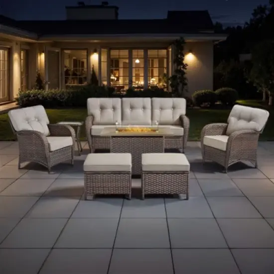 Belord Outdoor All Weather Wicker Patio Furniture Set, 7 Pieces Brown Wicker Patio Furniture Sofa Set with Propane Firepit Table image {2}