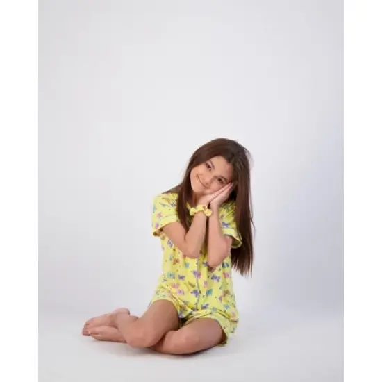 Sleep On It 2-Piece Girl's Pajama Shorts Set Featuring Multicolored Butterflies with Matching Scrunchie - Yellow Girls Sleepwear Set image {5}