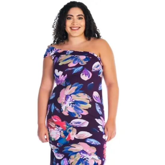 Womens Plus Size Purple Floral One Shoulder Rouched Mermaid Maxi Dress image {3}