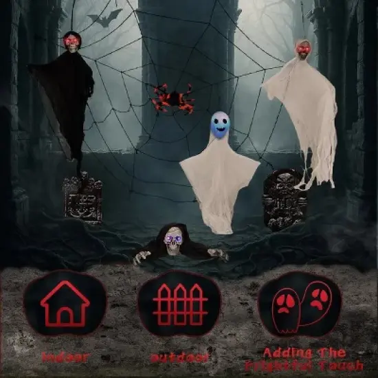 8-Piece Halloween Decoration Set with Swinging Ghosts, Crawling Skeleton, Gravestones, Giant Spider Web & LED Eyes &uml;C Indoor/Outdoor Spooky Yard image {4}