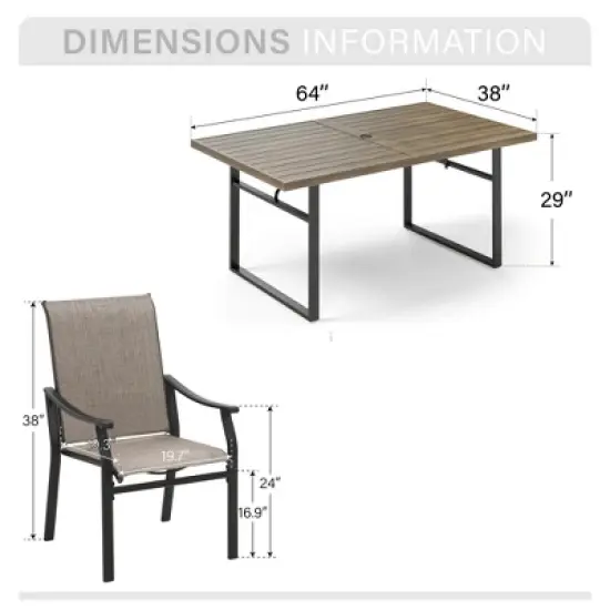 Captiva Designs 7pc Patio Outdoor Dining Rectangle Steel Table with Umbrella Hole & Brown Textilene Arm Chairs image {9}