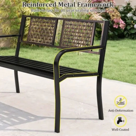Costway 50" Outdoor Metal Park Bench with Rattan-Like Backrest & Curved Armrests image {5}