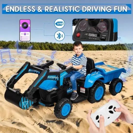 12V 3 in 1 Kids Ride On Excavator & Tractor with Detachable Trailer, Kids Electric Vehicles with Remote Control, Digger, LED Lights, Music image {4}