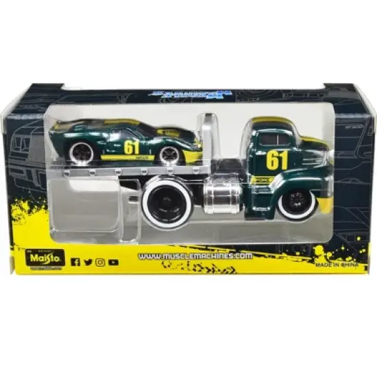 1950 Ford COE Flatbed Truck #61 & 1966 Ford GT40 MK II #61 Green Met. w/Yellow Stripes 1/64 Diecast Model Cars Muscle Machines image {1}
