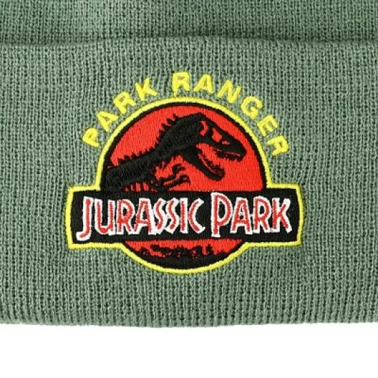 Jurassic Park Ranger Embroidered Logo Green Cuffed Knitted Beanie hat image {1}