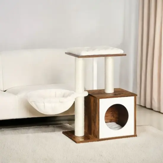 WoodyWonders Cat Tree for Kittens, Modern Cat Tower for Indoor Cats, Cat Condo with Scratching Posts, Removable Washable Cushions, Rustic Brown image {2}