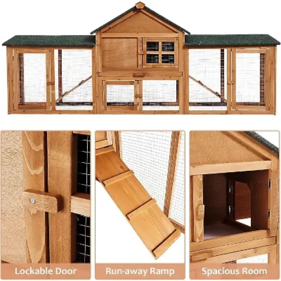 Acekool Chicken Coop with Run, 2-Tier Yellow Wooden Hen House, Large Waterproof Outdoor Poultry Cage, Double Doors, Removable Tray, 82.7'' image {4}