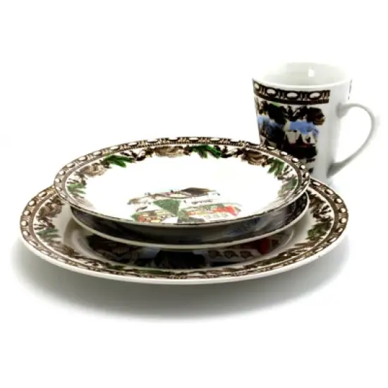 Gibson Home 16pc Stoneware Christmas Toile Dinnerware Set: Porcelain, Botanical Pattern, Microwave & Dishwasher Safe image {1}