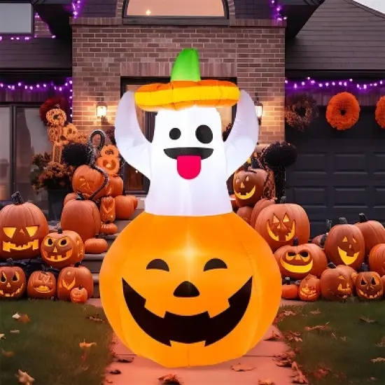 Joyfy 5 FT Halloween Inflatable Outdoor Decorations, Inflatable Ghost in Pumpkin with LEDs for Halloween Party Yard, Garden, Lawn Outdoor Decoration image {10}