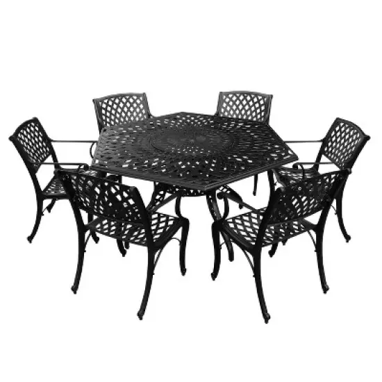 7pc Patio Dining Set with 63" Modern Ornate Outdoor Mesh Aluminum Large Hexagon Table & Modern Chairs - Black - Oakland Living: UV-Resistant image {11}