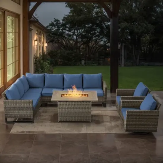 POCASSY L-Shaped Patio Sectional Sofa Set with Fire Pit Table, All Weather Gray Wicker Outdoor Furniture Set with Swivel Chair and Propane Fire Pit image {15}