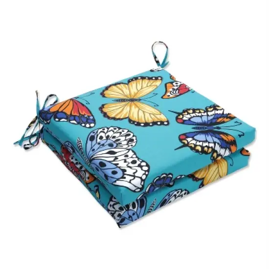 Set of 2 Butterfly Garden Outdoor/Indoor Squared Corners Seat Cushions Turquoise - Pillow Perfect image {6}