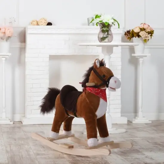 Qaba Kids Ride on Rocking Horse Plush Toy with Realistic Sounds and Red Scarf for Over 3 Years Old Birth Gift image {1}