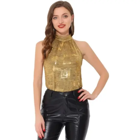 Allegra K Women's Casual Party Sparkle Sleeveless Halter Tops image {6}