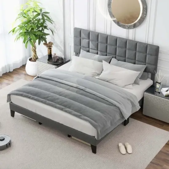 Costway Full/Queen/King Size Bed Frame Modern Linen Fabric Upholstered Platform Bed with Headboard image {1}