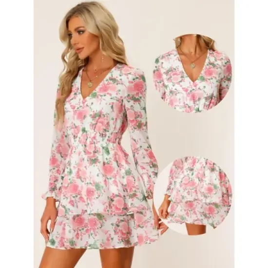 Allegra K Women's V Neck Smocked Waist Ruffle Hem Floral Chiffon Dresses image {1}