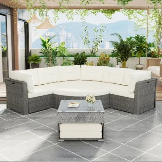 Patio Seating Set with Cushions and Glass Coffee Table, Outdoor Patio Sectional Sofa Set for Backyard, Garden, Deck or Lounge Area-Maison Boucle image {8}