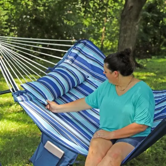 Sunnydaze Outdoor Quilted Double Hammock with Pillow and Curved Metal Spreader Bars image {9}