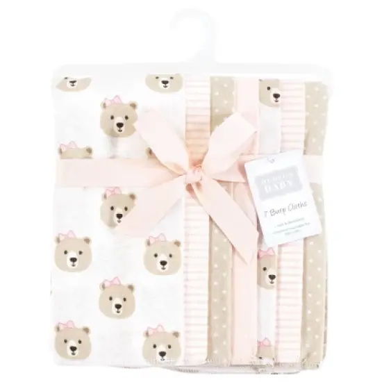 Hudson Baby Infant Girl Flannel Burp Cloth 7pk, Pink Taupe Bear, One Size image {1}