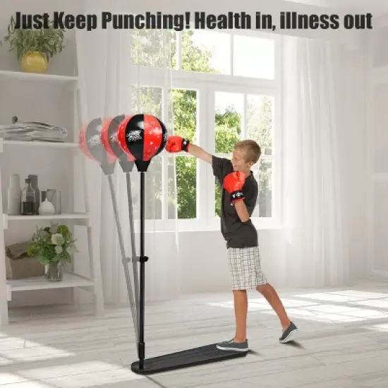 Costway Kids Punching Bag w/Adjustable Stand Boxing Gloves Boxing Set, Red image {2}