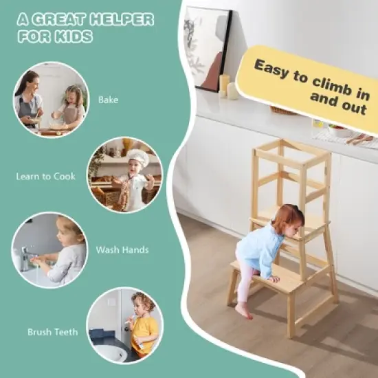 Costway Kids Kitchen Step Stool Kids Standing Tower with Safety Rails White\Nature image {5}