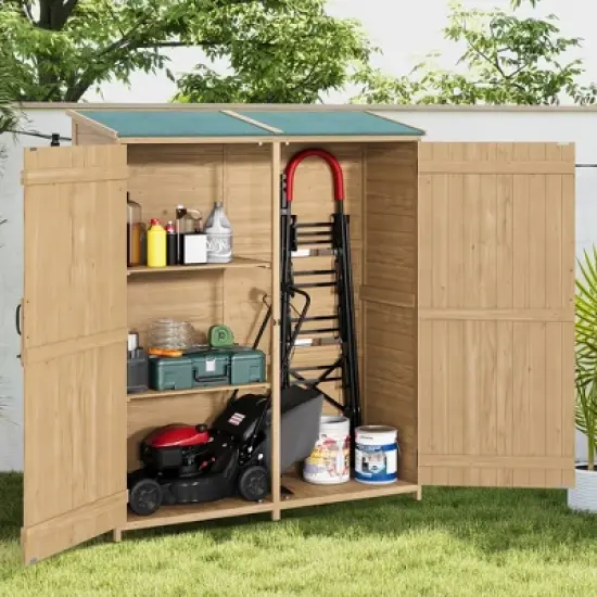Wooden Outdoor Storage Cabinet with Waterproof Sloped Roof, 2 Removable Shelves & Lockable Double Doors - Yard, Garage, Patio Shed image {7}