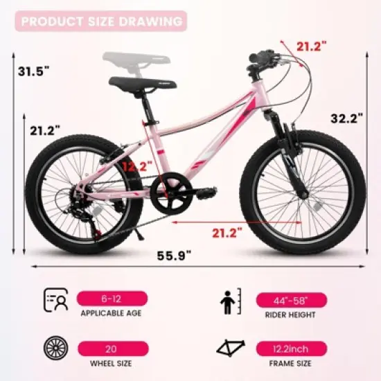 INFURNIC Bicycles 20 Inch Kids Bike with 7 Speeds and Shock Absorbing Fork for Outdoor Adventures, Pink, 55.9"*21.2"*31.5" image {1}