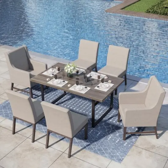 Captiva Designs 7pc Patio Dining Set Wood-look Rectangle Table & Cushioned Metal Chairs image {15}