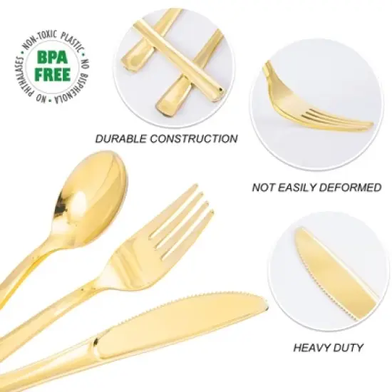 Itopfox 300PCS Gold Plastic Silverware Set, Heavy Duty Disposable Flatware Dinnerware, 100 Forks, 100 Spoons 100 Knives for Party, Wedding, Daily Use image {4}