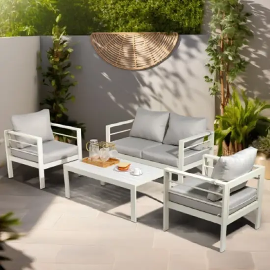 Karl Home White 4-Piece Aluminum Patio Conversation Set with Light Gray Cushions image {10}