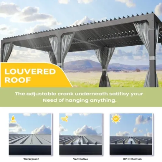 EROMMY 12'&times;24' Outdoor Louvered Pergola with Adjustable Aluminum Rainproof Roof,Black image {3}