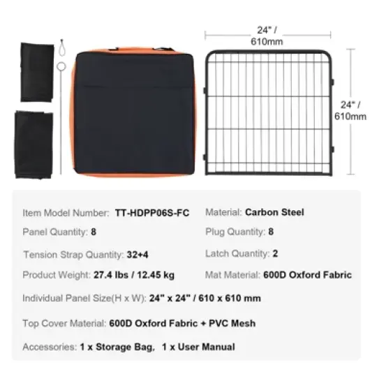 VEVOR Dog Playpen, 8 Pcs 24 x 24 in Panels Foldable Metal Pet Exercise Pen, Dog Fence Indoor and Outdoor Pen with Door, Storage Bag, Top Cover image {7}