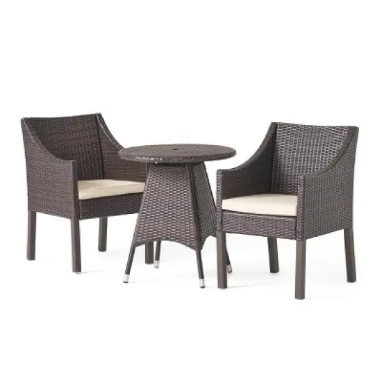 Christopher Knight Home Franco Outdoor 3 Piece Wicker Bistro Dining Set with Cushions and Umbrella Hole image {1}