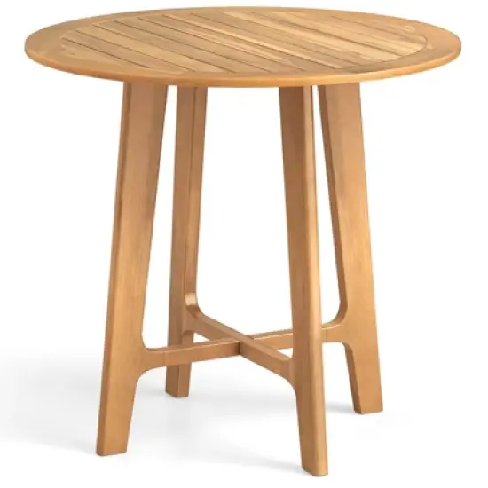 Tangkula 31.5" Patio Dining Table Round Teak Wood Dining Table w/ Slatted Tabletop Garden image {10}