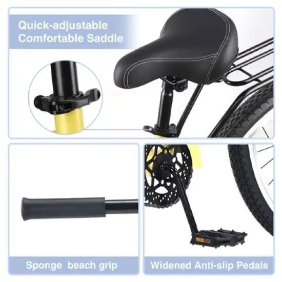 VASIP 26 inch Men's Steel Beach Cruiser Bike, Single-Speed with Coaster Brake, Wide Tires for Stability, Black image {2}