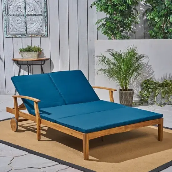 GDFStudio Abena Outdoor Acacia Wood Double Adjustable Chaise Lounge with Cushions image {1}