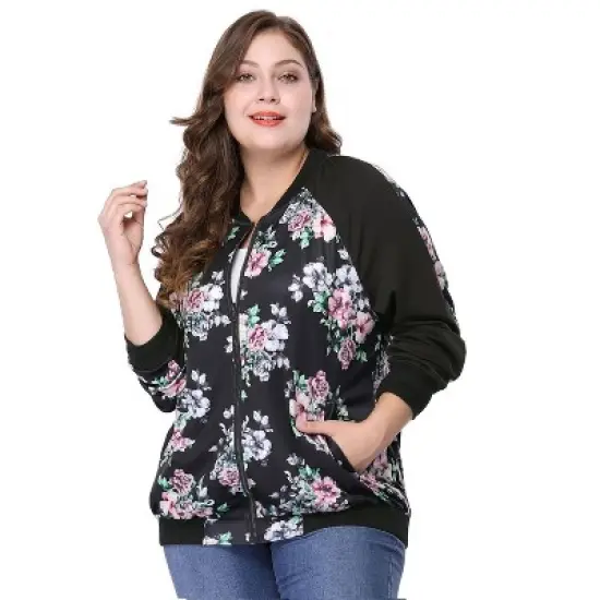 Agnes Orinda Women's Plus Size Zipper Raglan Sleeves Floral Bomber Jacket image {1}