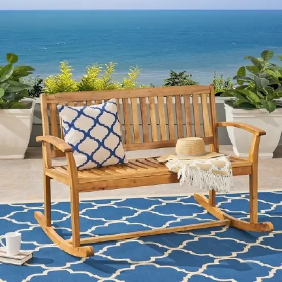 2-Seater Acacia Wood Rocking Loveseat with Smooth Motion,Rustic Outdoor Bench for Porch or Backyard-The Pop Home image {8}