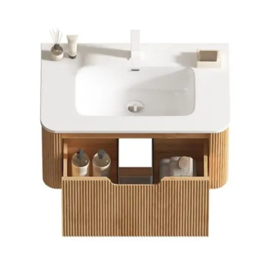 PexFix 30" Wall-Mounted Floating Solid Wood Bathroom Vanity with Mirror Modern Curved Edge Storage Bathroom Cabinet in Walnut with Ceramic Basin image {5}