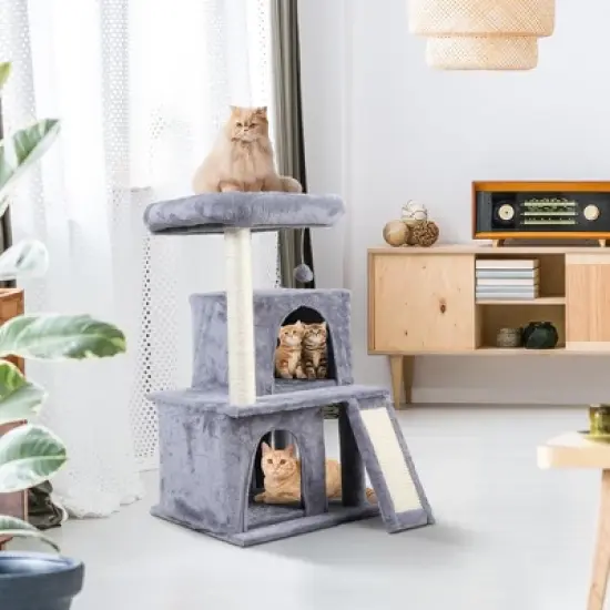 Sandinrayli 34&rdquo; H Luxury 3-Tier Kitten Cat Tree with 2 Condos, Top Perch, Scratching Posts for Playing, Napping, Jumping, Light Gray image {3}