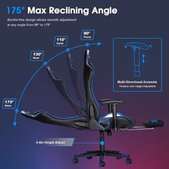 Douxlife Modern 7-Point Massage Ergonomic Gaming Chair with Footrest & Adjustable Armrests Black Blue image {4}