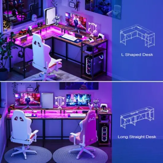 L Shaped Gaming Desk,68" Computer Desk with Power Outlets & LED Lights, Corner Desk with Monitor Shelf and Hook, Two Person Desk image {5}
