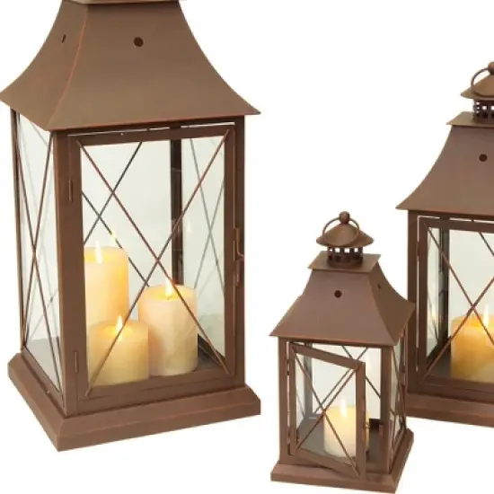 HomeRoots Set of Three Brown Lattice Glass And Metal Floor Lantern Candle Holders image {3}